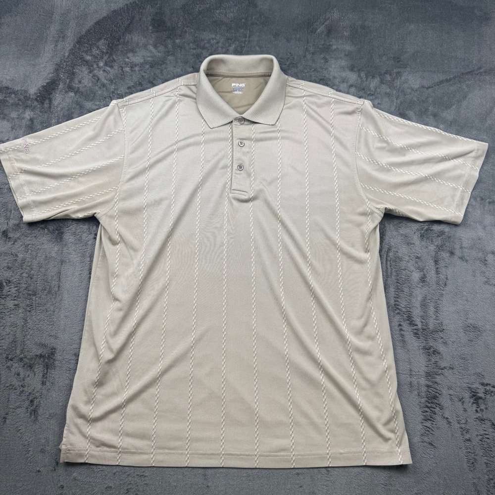 Ping Collection Performance Dynamics Men L Tan Striped Golf Polo Shirt
